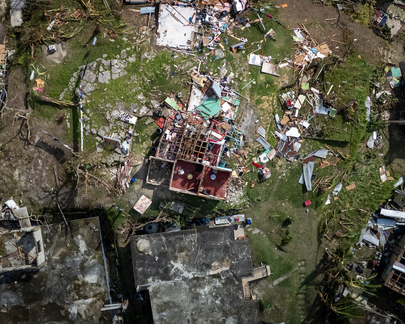 Aerial view of a neighborhood after a hurricane
