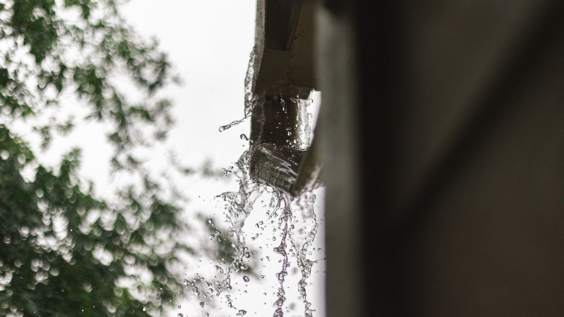 Rainwater pouring out of the end of a gutter
