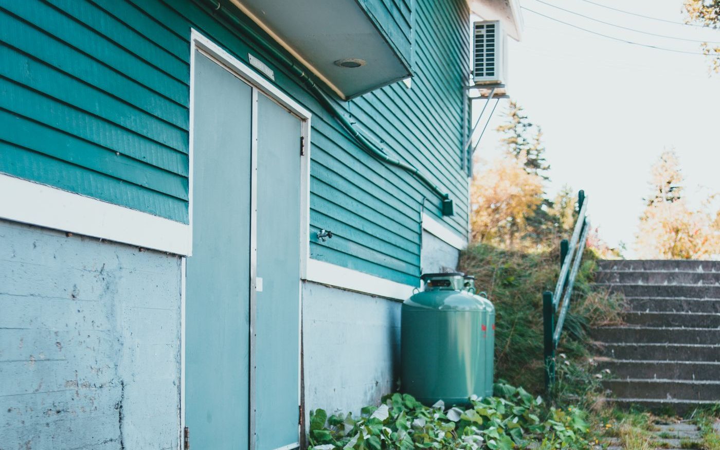 Teal house siding along an overgrown walkway