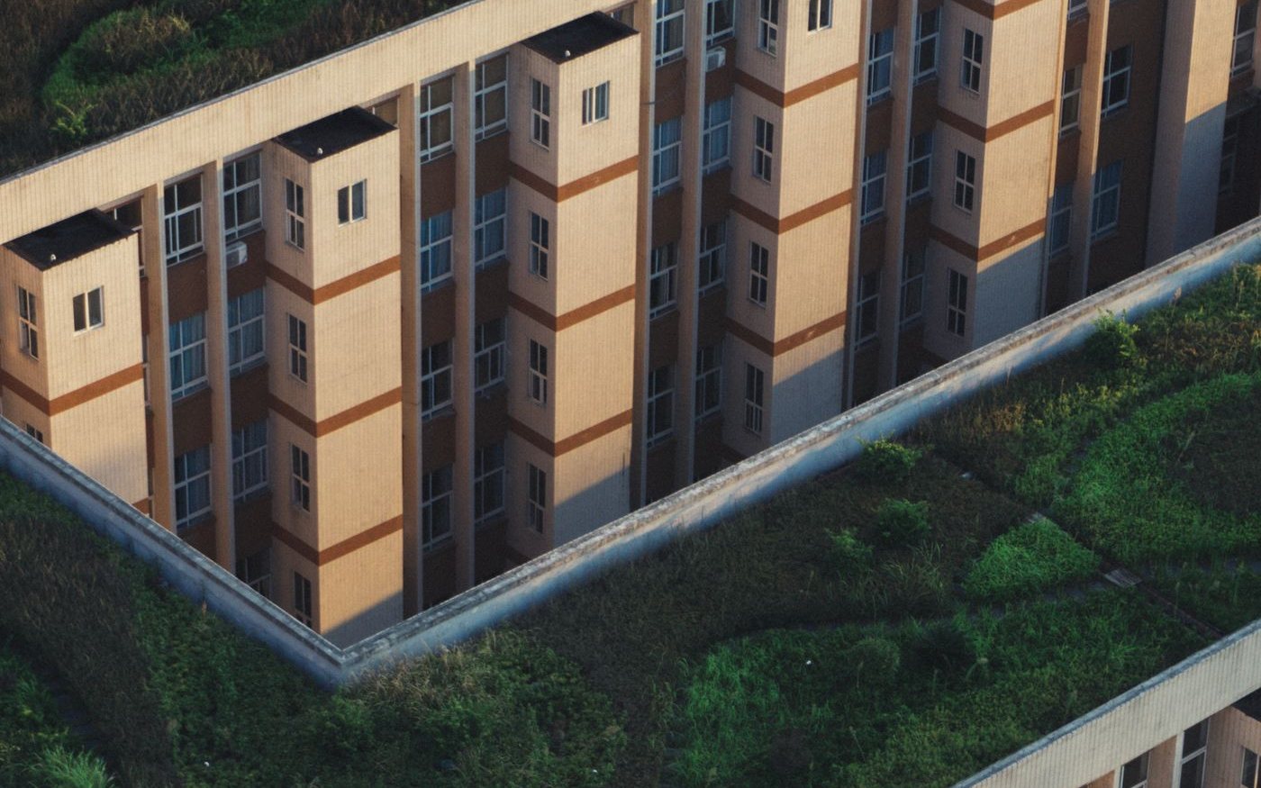 Planted roofs on a large building, seen from above