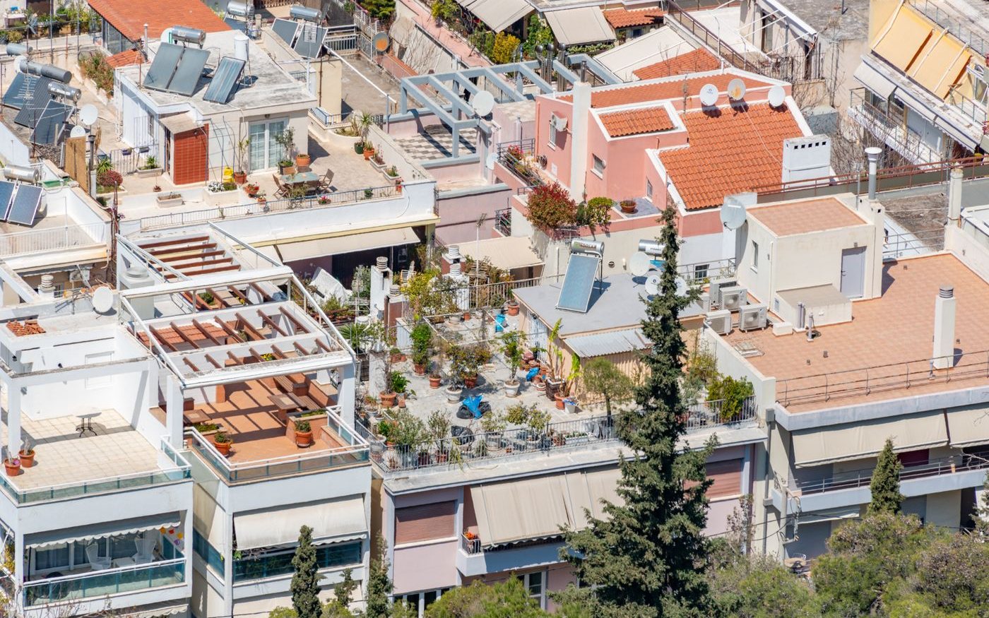 Rooftop gardens and solar panels across a hillside neighborhood