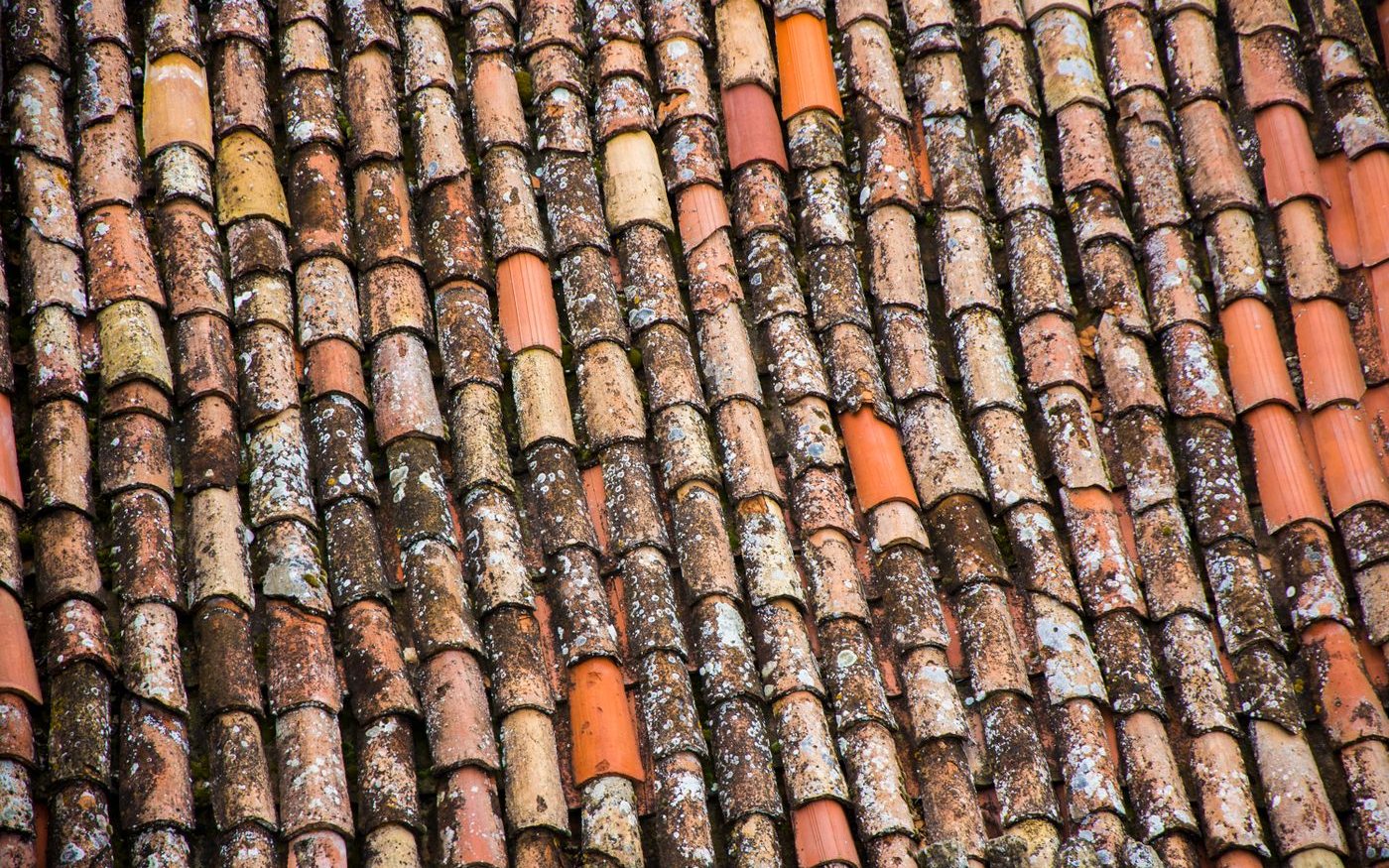 Old barrel tiles with lichen, some swapped for brighter new ones